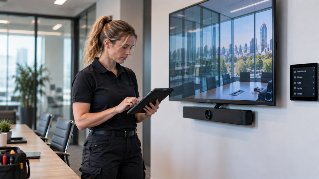 Commercial AV technician configuring conference room audio visual equipment using a tablet.